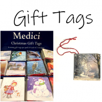 Little packs of gift tags! Each pack has 8 tags (2 designs). Each tag is strung with red string.<br /><br />These gift tags are made by Medici.