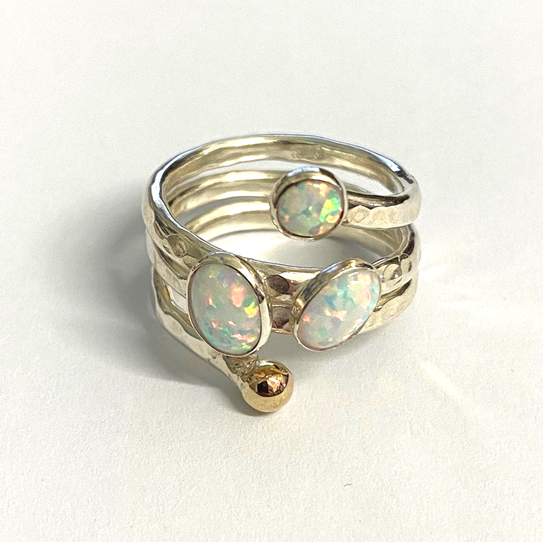 LAVAN - Sterling Silver Hammered White Opal Spiral Ring R1020W