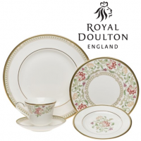 <p class="bodytext">Lichfield fine bone china brings an Old World grace to your special occasion dining. Flowing floral motifs in plum, coral, and green harmonize beautifully with the narrow geometric borders and 22-karat gold rims. Emphatically arched handles and spouts, spectacular floral accent plates, and quietly refined serving pieces add up to a varied and freshly appealing table setting. Bone china is much more durable and chip-resistant than many consumers realize, and Lichfield is also dishwasher-safe, preferably at a low heat setting to protect the gold. The gold trim on this pattern means it is not safe for use in the microwave.</p>
<p class="bodytext">Royal Doulton Lichfield (H5264) was produced from 1999 to 2008.</p>